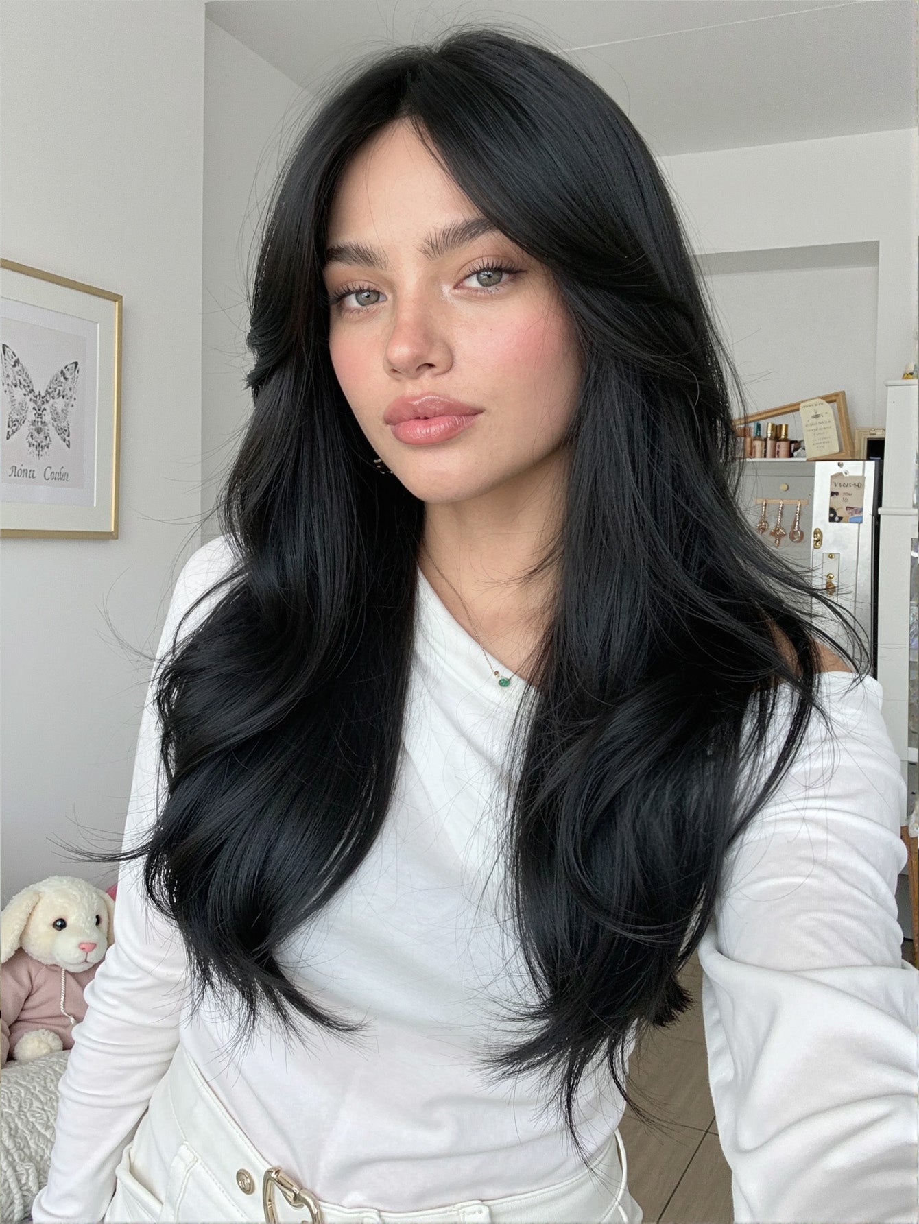 jet black 24 inch wavy wig with bangs synthetic