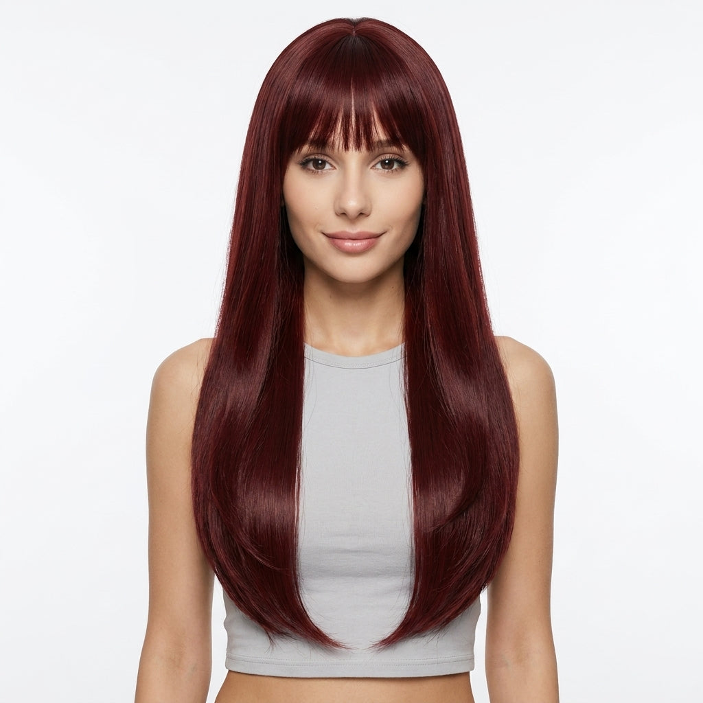 Burgundy Long Straight Wig with Bangs - Deep Wine Red Synthetic Hair - Synthetic Wig view 1