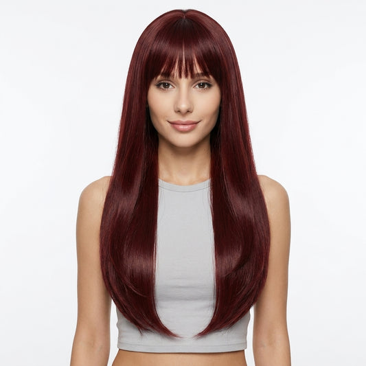 Burgundy Long Straight Wig with Bangs - Deep Wine Red Synthetic Hair - Synthetic Wig view 1