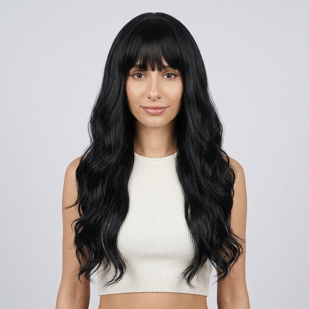 Jet Black Long Wavy Wig with Bangs - Heat-Resistant Synthetic Hair - Synthetic Wig view 1