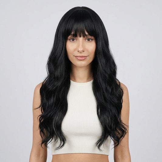 Jet Black Long Wavy Wig with Bangs - Heat-Resistant Synthetic Hair - Synthetic Wig view 1