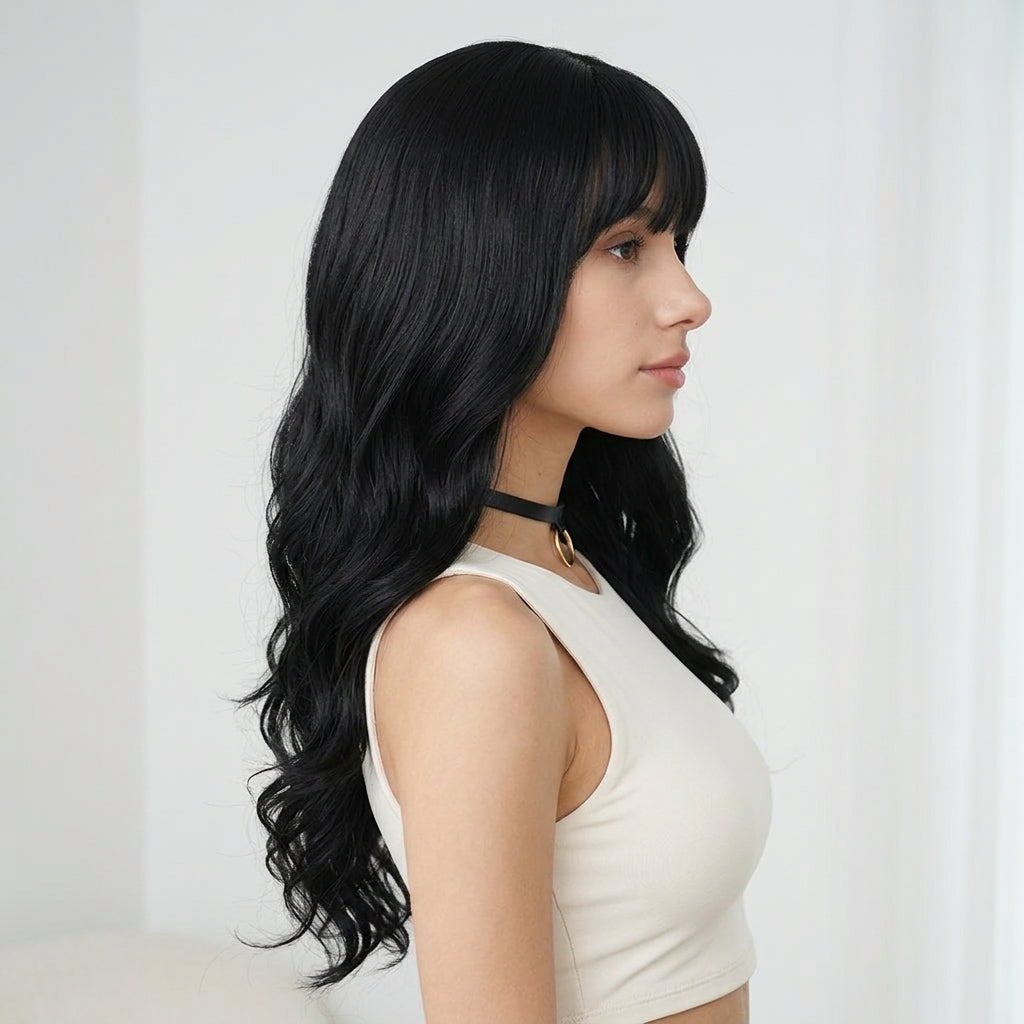 Jet Black Long Wavy Wig with Bangs - Heat-Resistant Synthetic Hair - Synthetic Wig view 2
