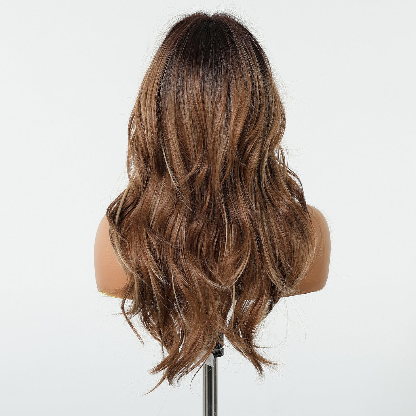 Warm Chestnut Brown Long Wavy Wig with Bangs - Layered Synthetic Hair - Synthetic Wig view 4