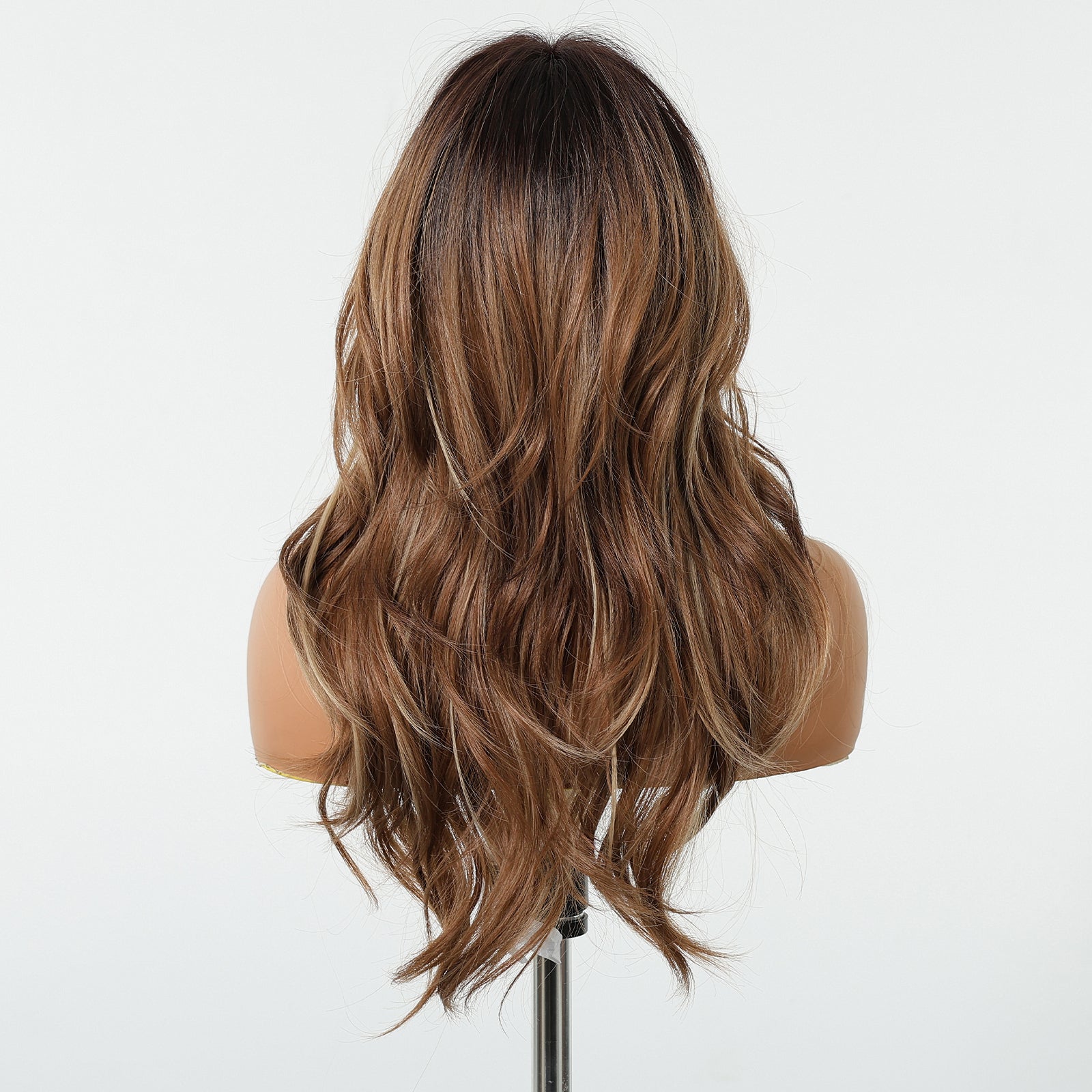 Warm Chestnut Brown Long Wavy Wig with Bangs - Layered Synthetic Hair - Synthetic Wig view 4