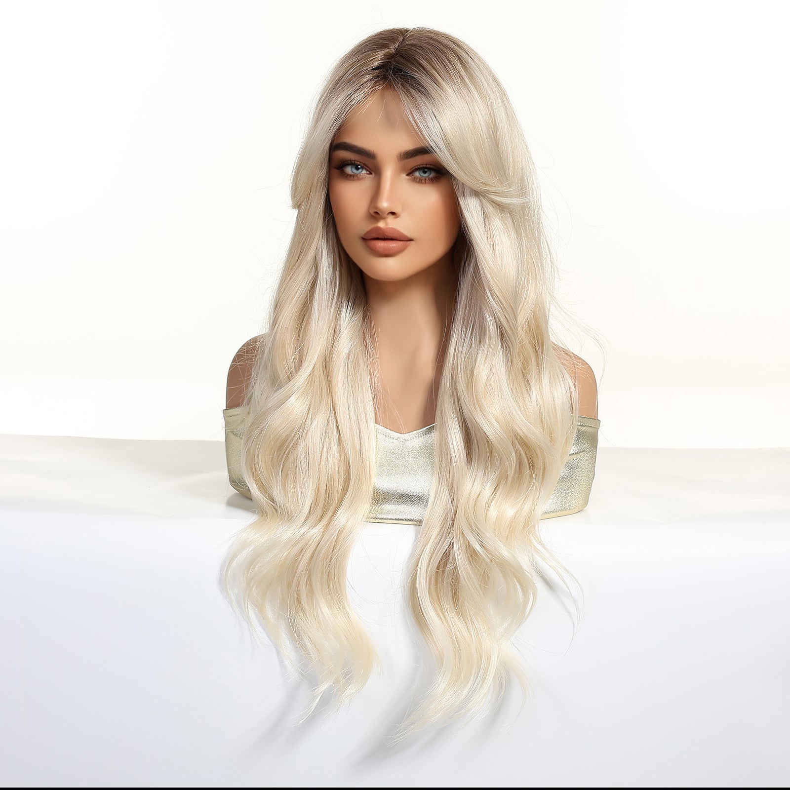long platinum blonde wavy synthetic wig styling view