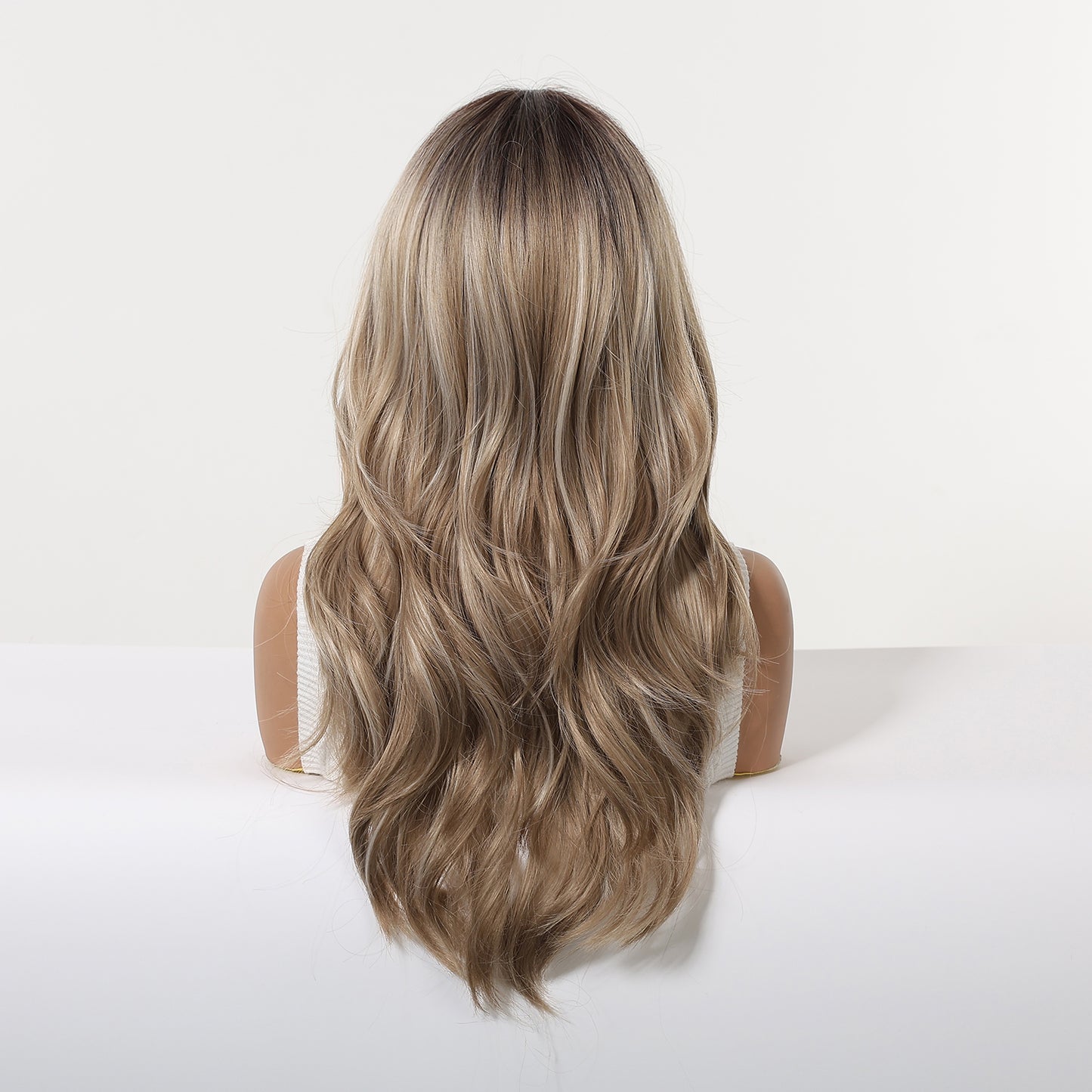 Brown Blonde Balayage Long Wavy Wig with Bangs – Rooted Synthetic Hair