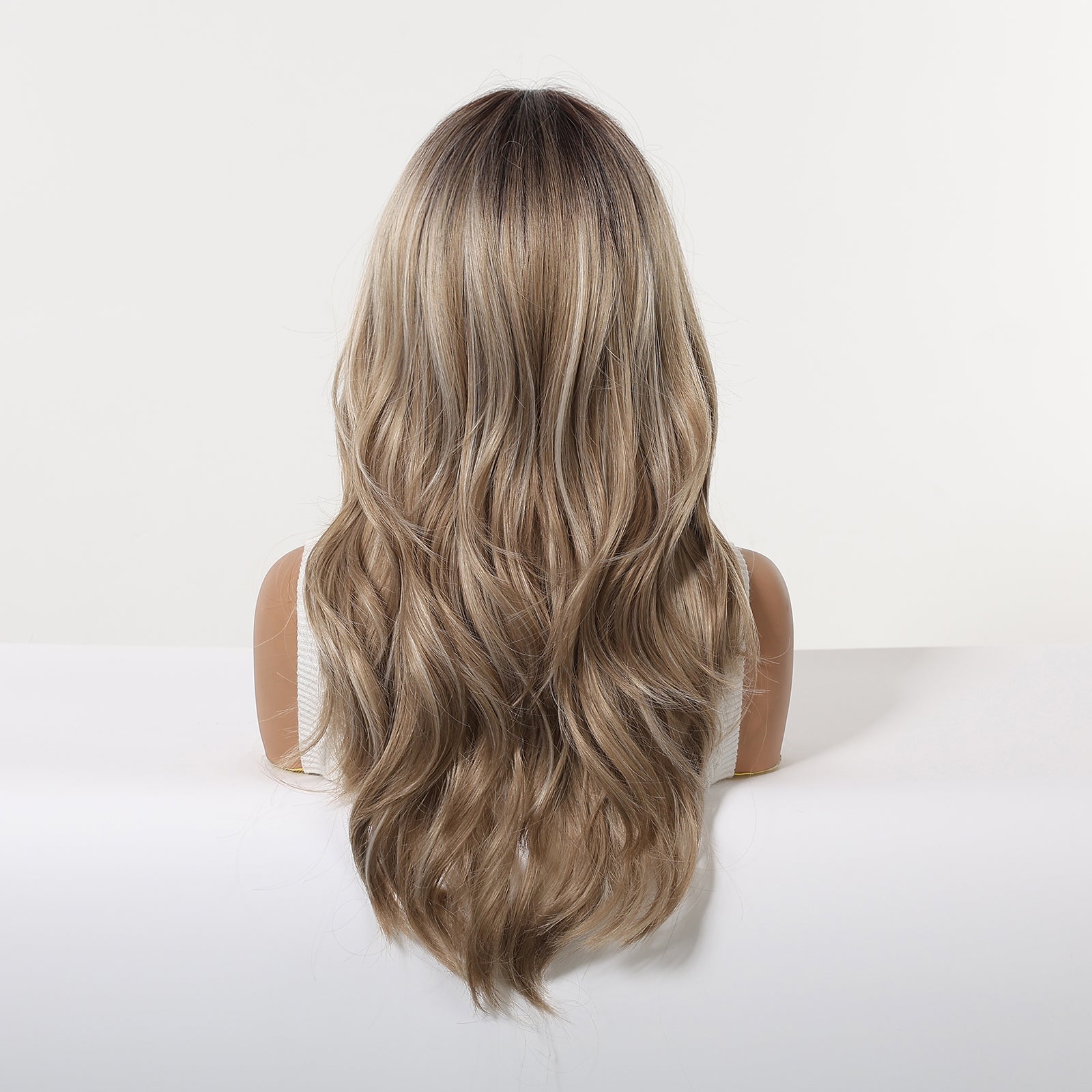 Brown Blonde Balayage Long Wavy Wig with Bangs – Rooted Synthetic Hair