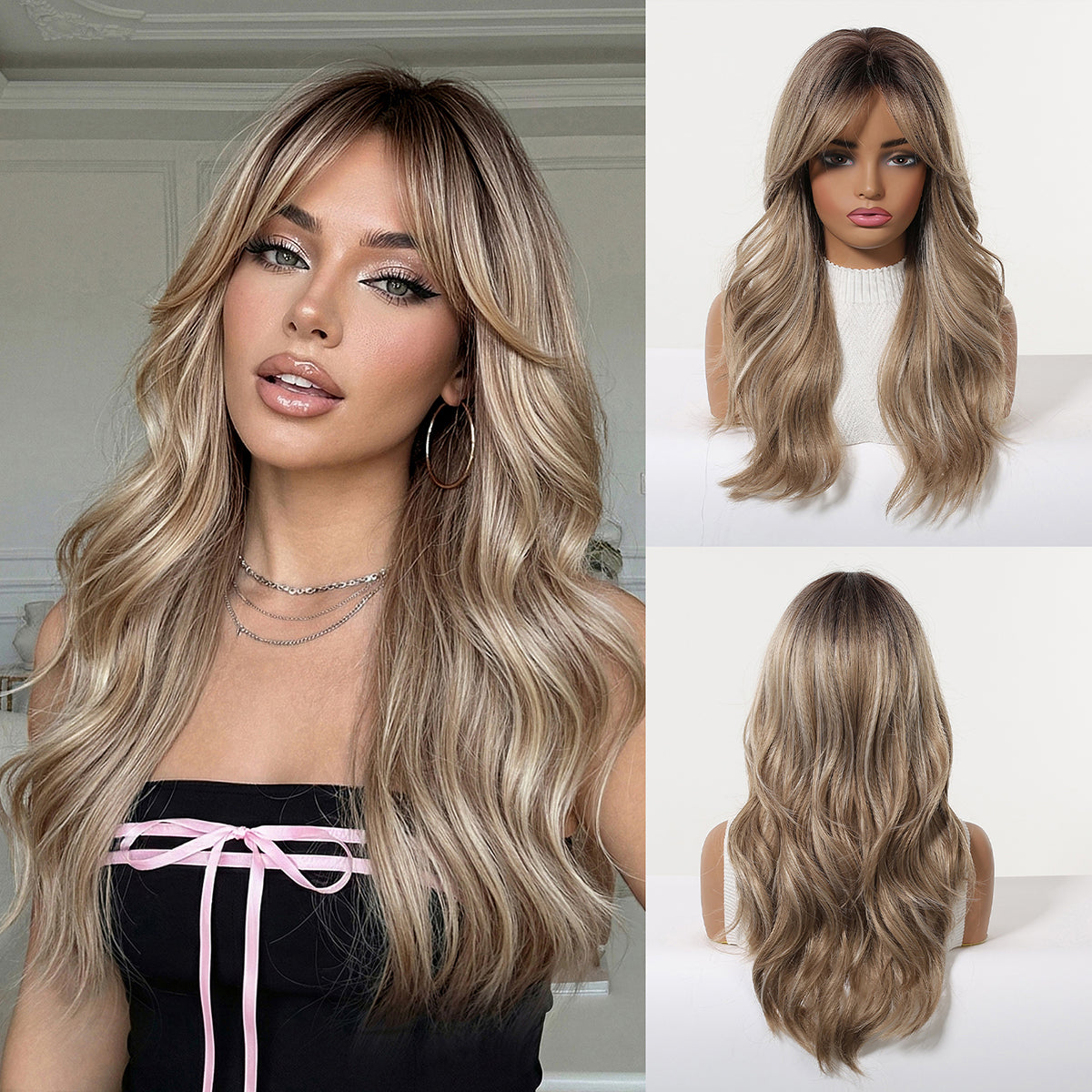 Brown Blonde Balayage Long Wavy Wig with Bangs - Synthetic Wig