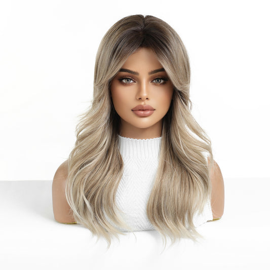 long ash blonde wavy with bangs synthetic wig side view
