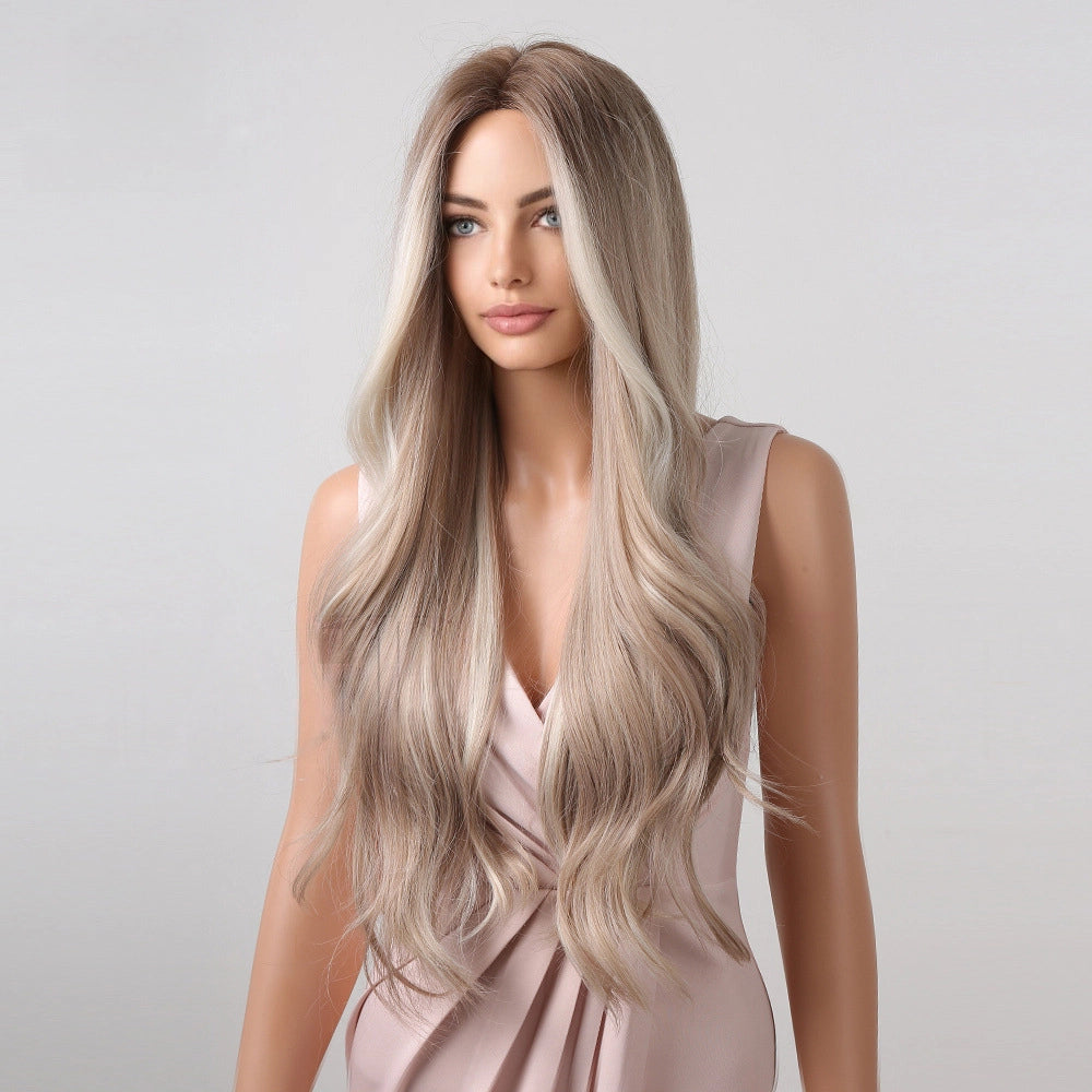 long light ash blonde wavy middle part synthetic wig back view