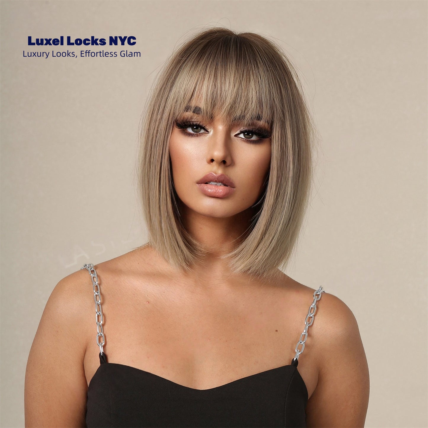 Warm Brown Short Bob Wig with Bangs - Straight Clean-Cut Synthetic Hair - Synthetic Wig