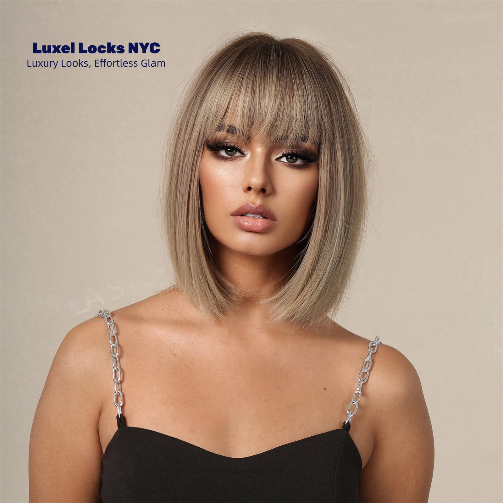 Warm Brown Short Bob Wig with Bangs - Straight Clean-Cut Synthetic Hair - Synthetic Wig