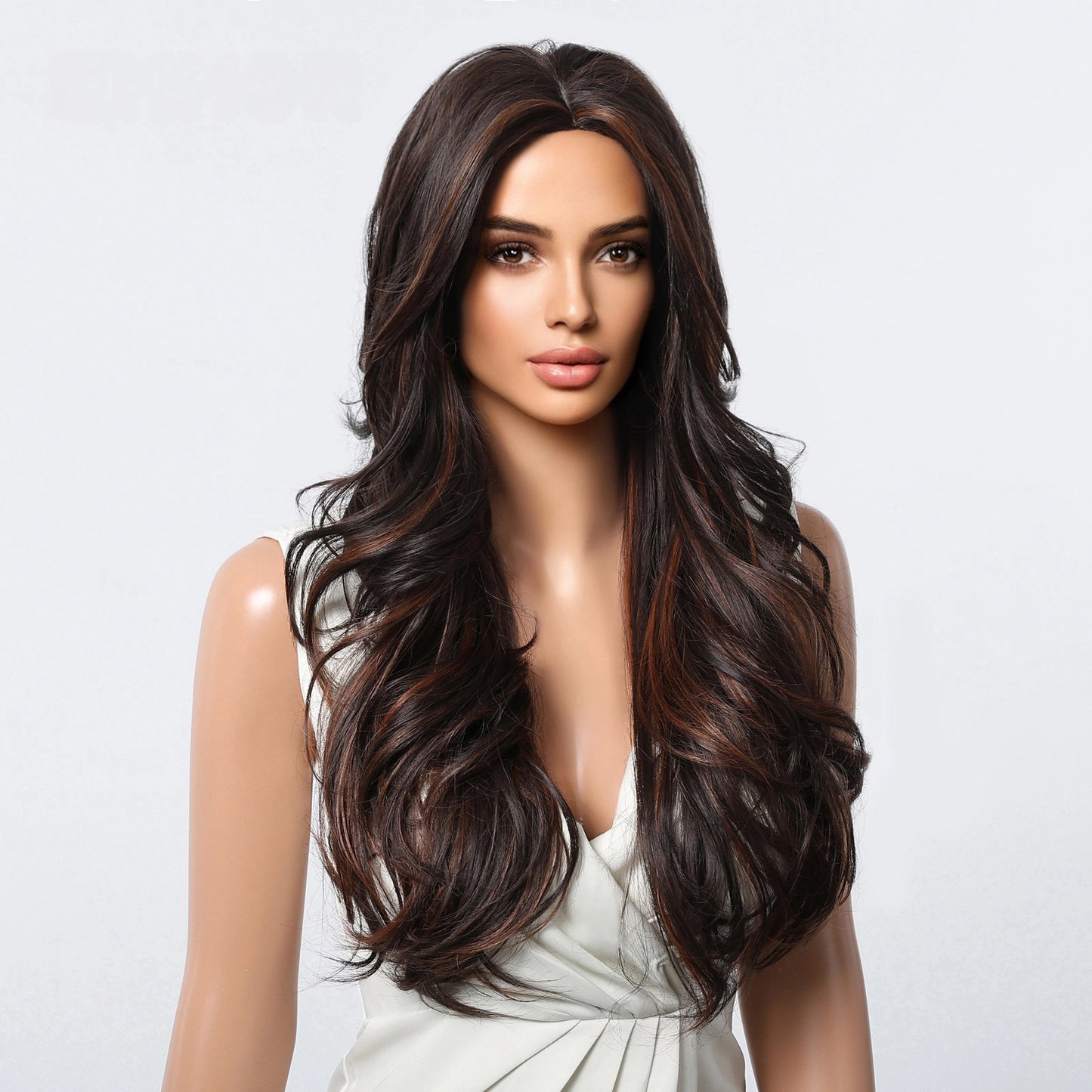 Dark Brown Long Deep Wave Wig - Warm Chestnut No Bangs Synthetic Hair 26 Inch - Synthetic Wig