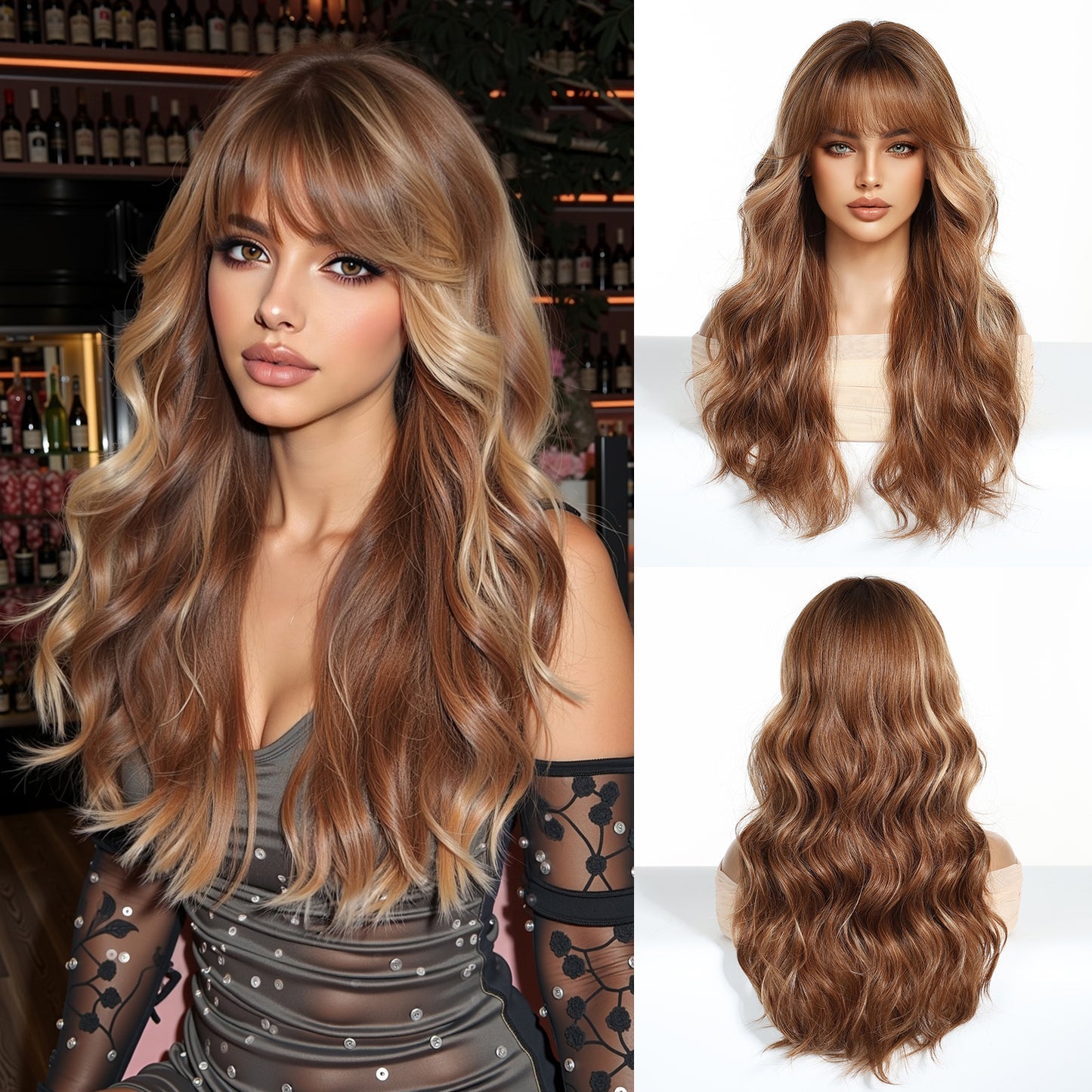 Warm Brown Caramel Balayage Body Wave Wig with Bangs - Honey Blonde Highlights 24 Inch - Synthetic Wig view 3