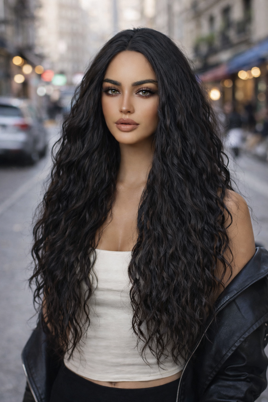 Jet Black Extra-Long Deep Wave Wig - No Bangs Synthetic Hair 28 Inch - Synthetic Wig view 2