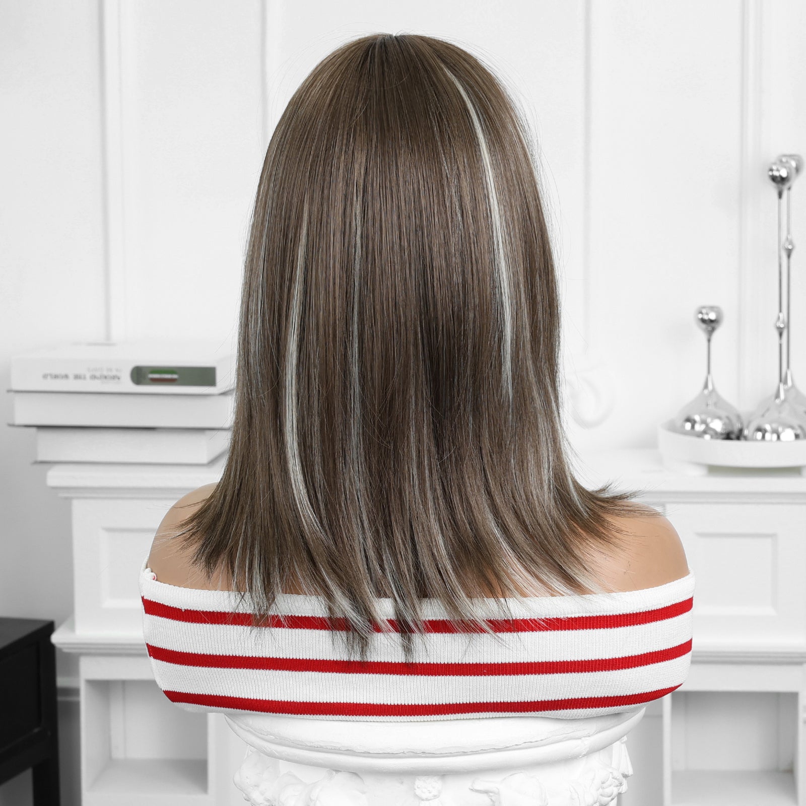 Brown Bob Wig with Silver Balayage Highlights & Bangs - Shoulder-Length Synthetic Hair - Synthetic Wig view 5