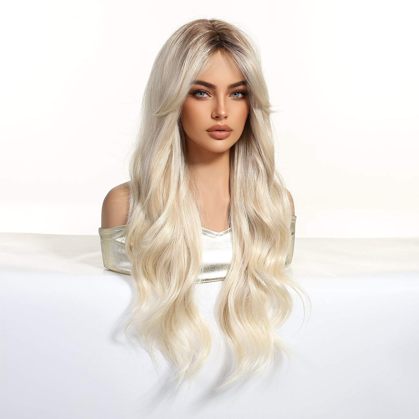 long platinum blonde wavy synthetic wig hair texture detail