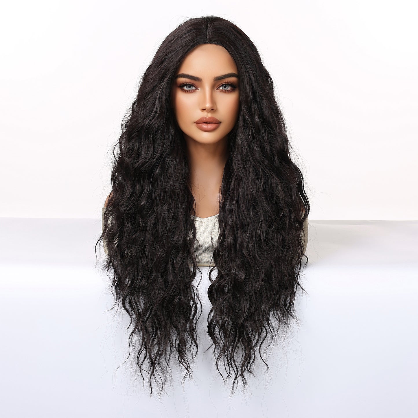 Jet Black Extra-Long Deep Wave Wig - No Bangs Synthetic Hair 28 Inch - Synthetic Wig view 4