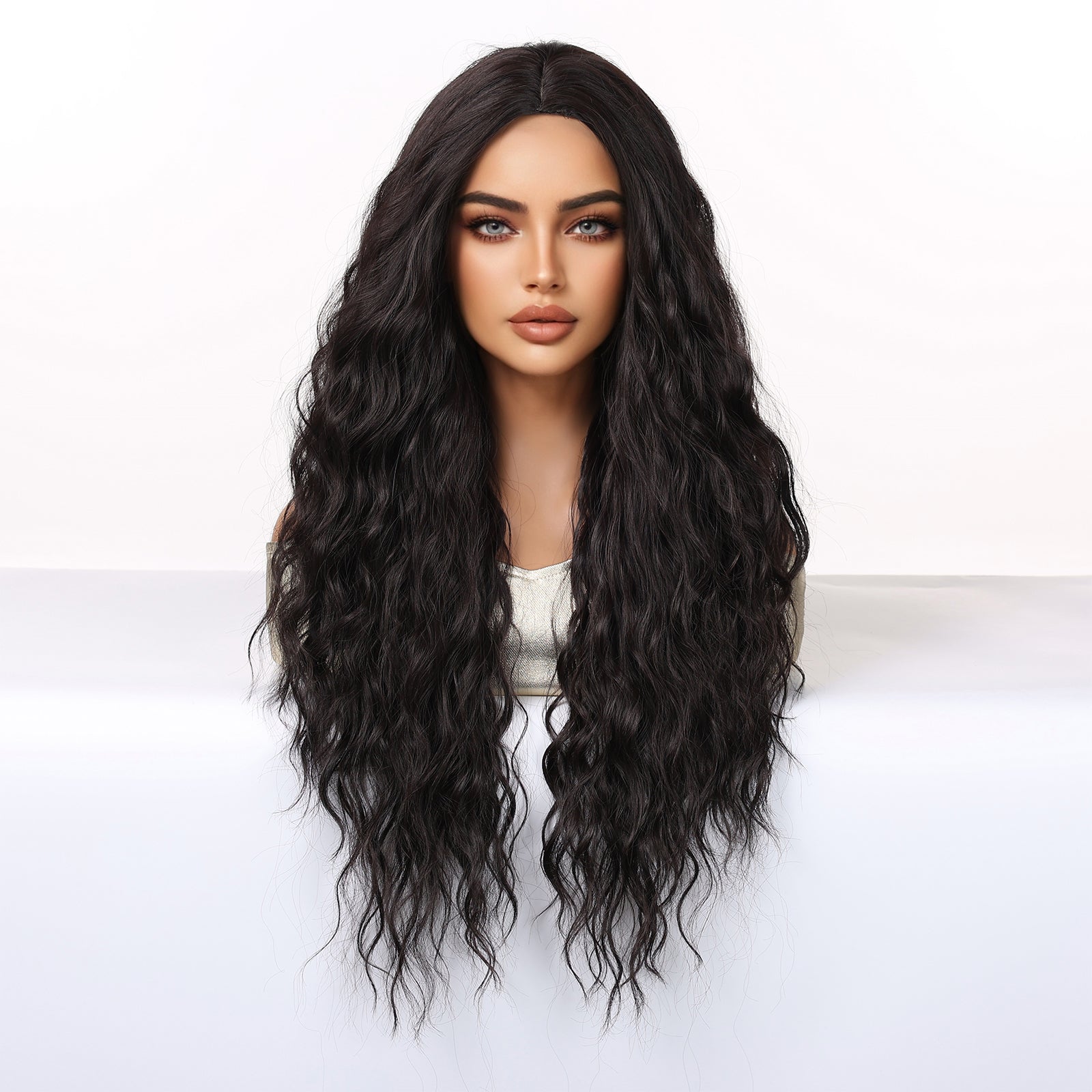Jet Black Extra-Long Deep Wave Wig - No Bangs Synthetic Hair 28 Inch - Synthetic Wig view 4
