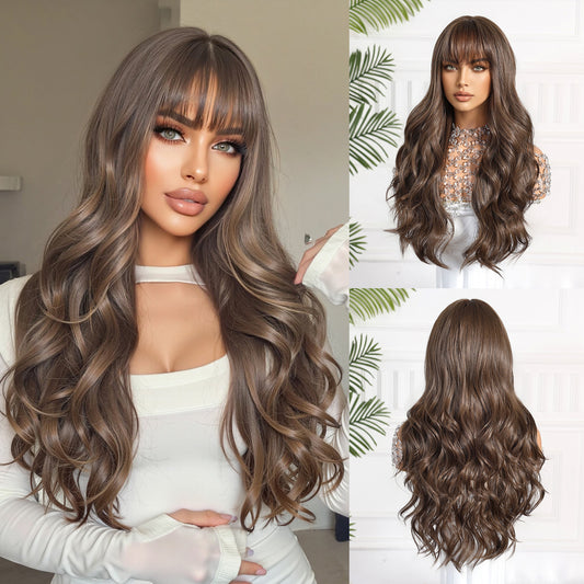 long chestnut brown body wave with bangs synthetic wig front view