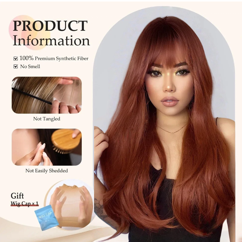 Caramel Brown Long Body Wave Wig with Bangs - Warm Toffee Synthetic Hair - Synthetic Wig