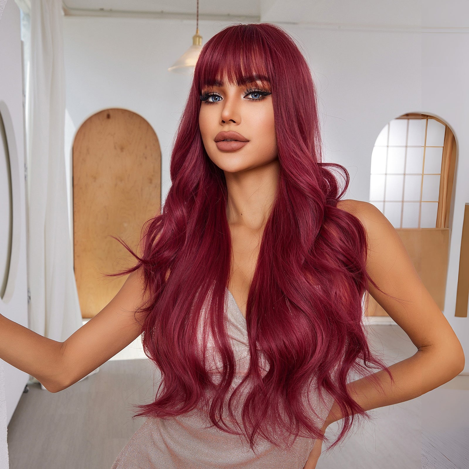 long wine red wavy with bangs synthetic wig back view