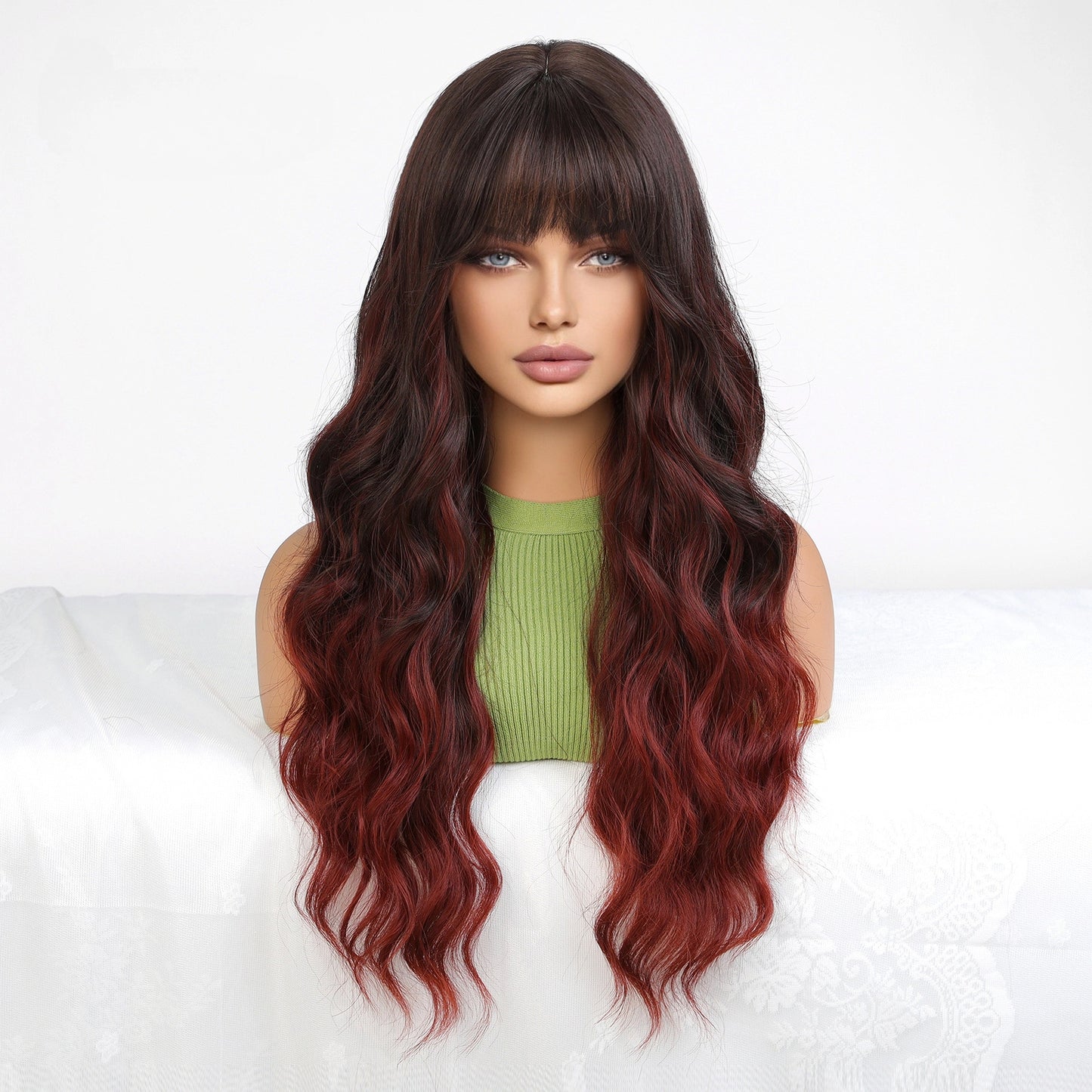 Warm Brown Caramel Balayage Deep Wave Wig with Bangs - Honey Highlighted Synthetic Hair 26 Inch - Synthetic Wig view 3
