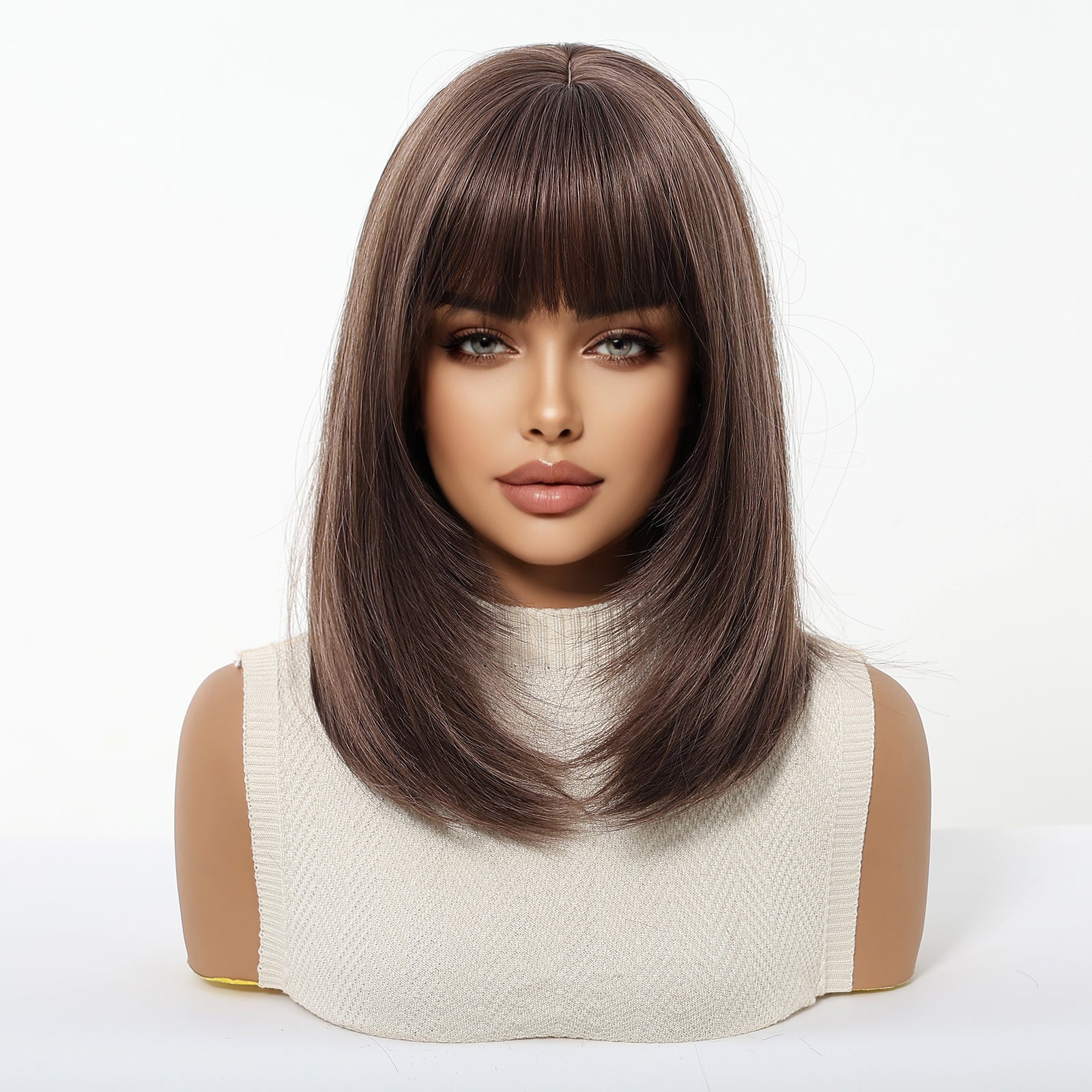 Dark Brown Short Bob Wig with Bangs - Warm Ash Brown Straight Synthetic Hair 14 Inch - Synthetic Wig view 1