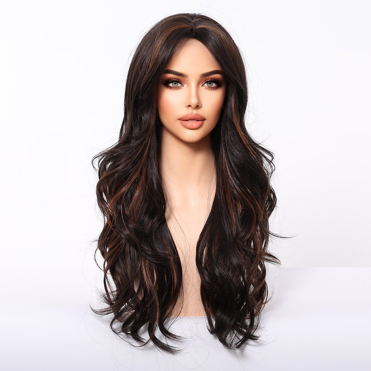 Dark Brown Long Deep Wave Wig with Bangs - Warm Chestnut Highlighted Synthetic Hair 24 Inch - Synthetic Wig view 2