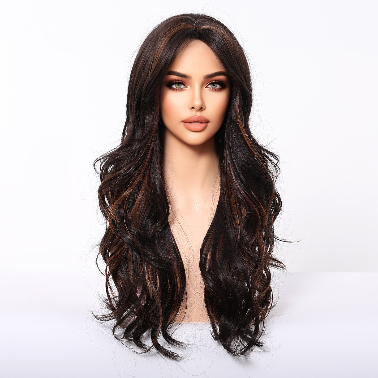 Dark Brown Long Deep Wave Wig with Bangs - Warm Chestnut Highlighted Synthetic Hair 24 Inch - Synthetic Wig view 2