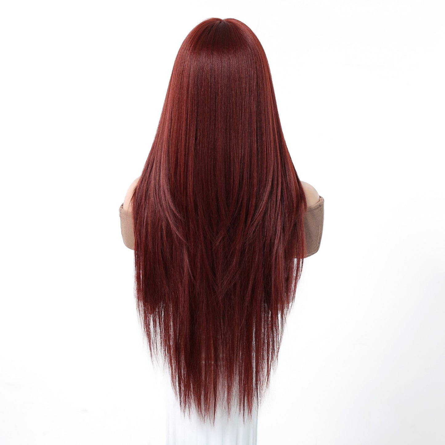 Burgundy Long Straight Wig with Bangs - Deep Wine Red Uniform Synthetic Hair 28 Inch - Synthetic Wig view 6