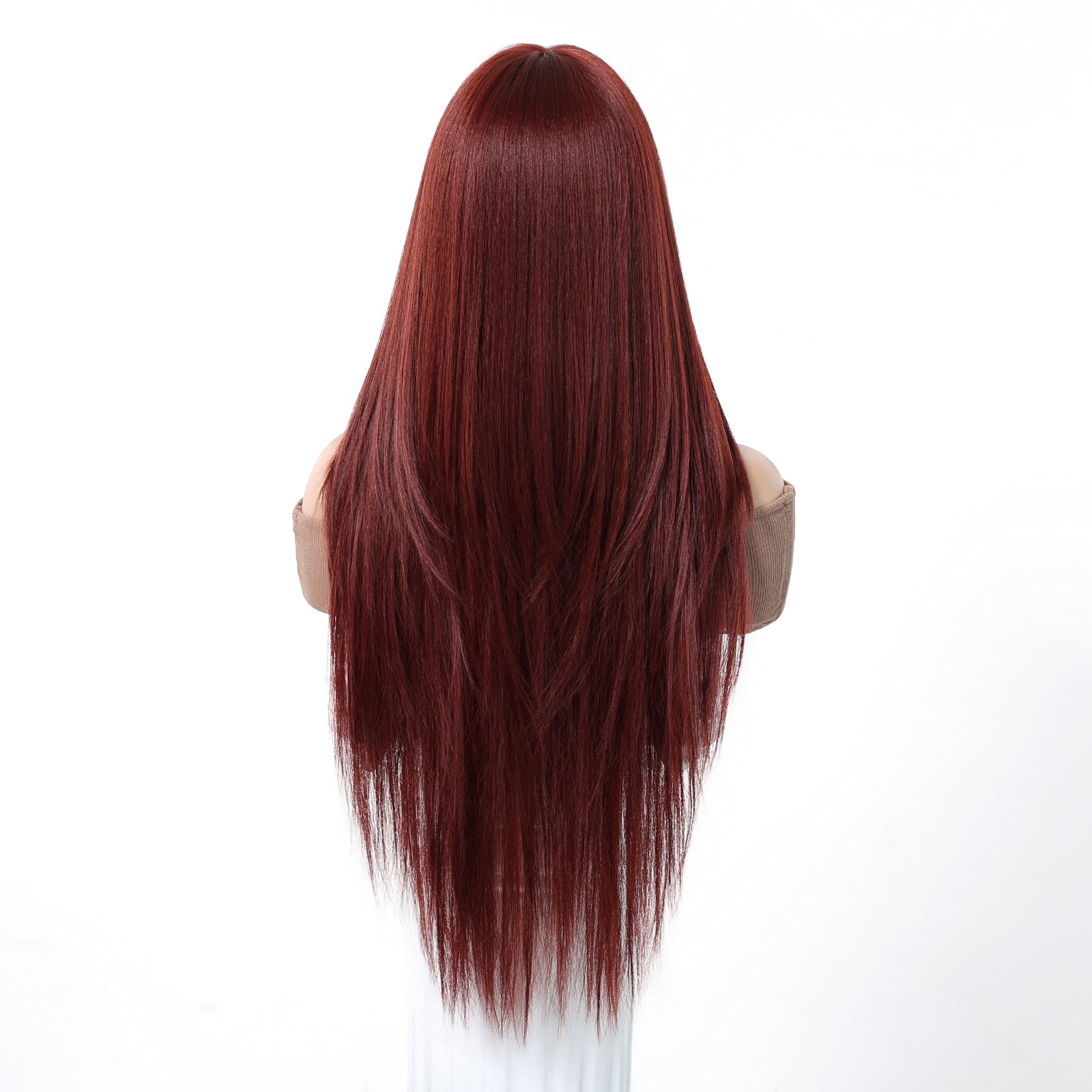 Burgundy Long Straight Wig with Bangs - Deep Wine Red Uniform Synthetic Hair 28 Inch - Synthetic Wig view 6