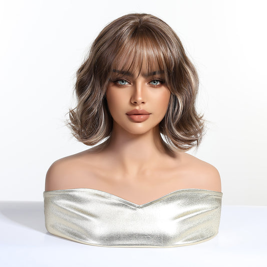 brown highlight bob wig with bangs short wavy synthetic hair side view