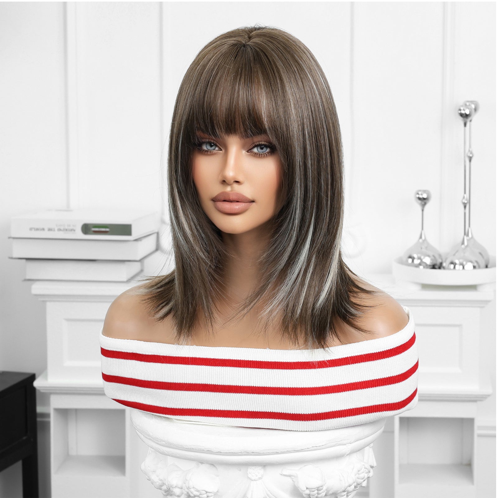 Brown Bob Wig with Silver Balayage Highlights & Bangs - Shoulder-Length Synthetic Hair - Synthetic Wig view 4