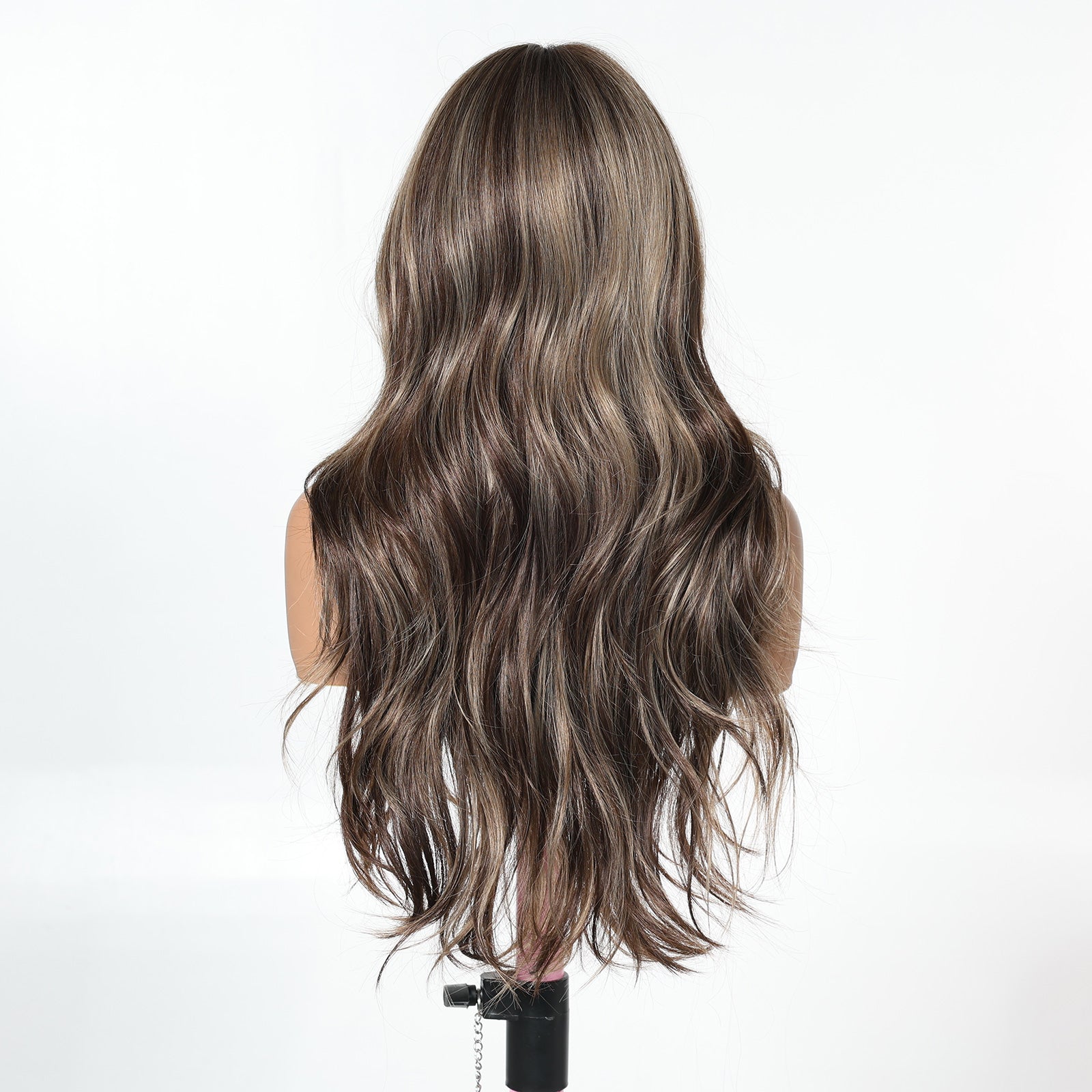 Ash Brown Caramel Body Wave Wig with Bangs - Warm Highlighted Synthetic Hair 24 Inch - Synthetic Wig view 5