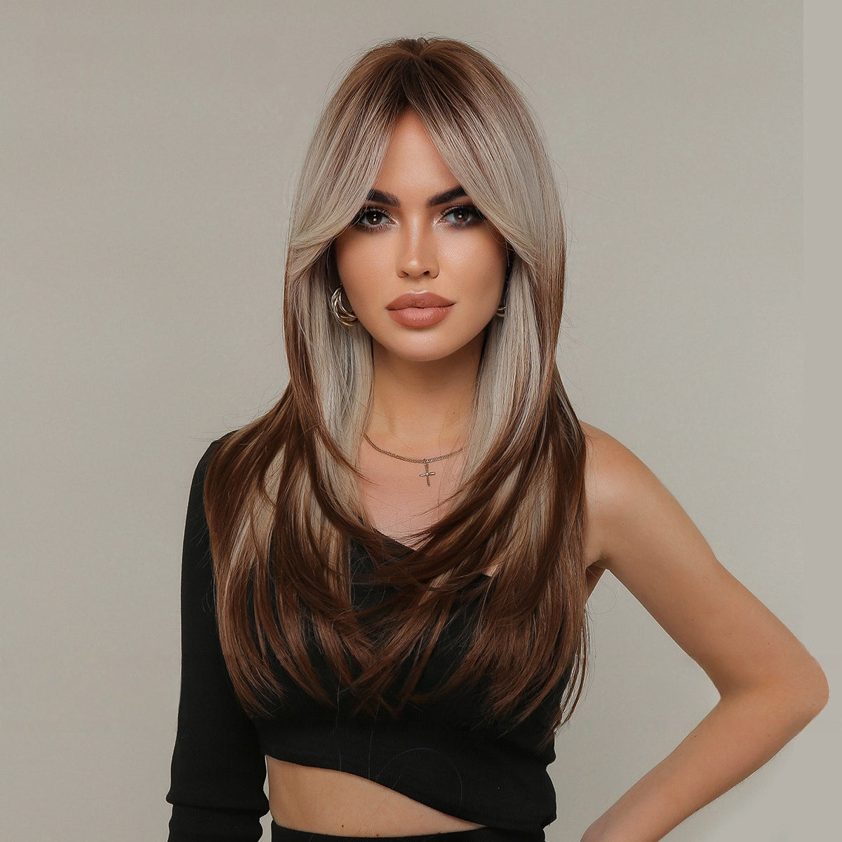 long ash blonde and chestnut brown balayage straight balayage synthetic wig back view