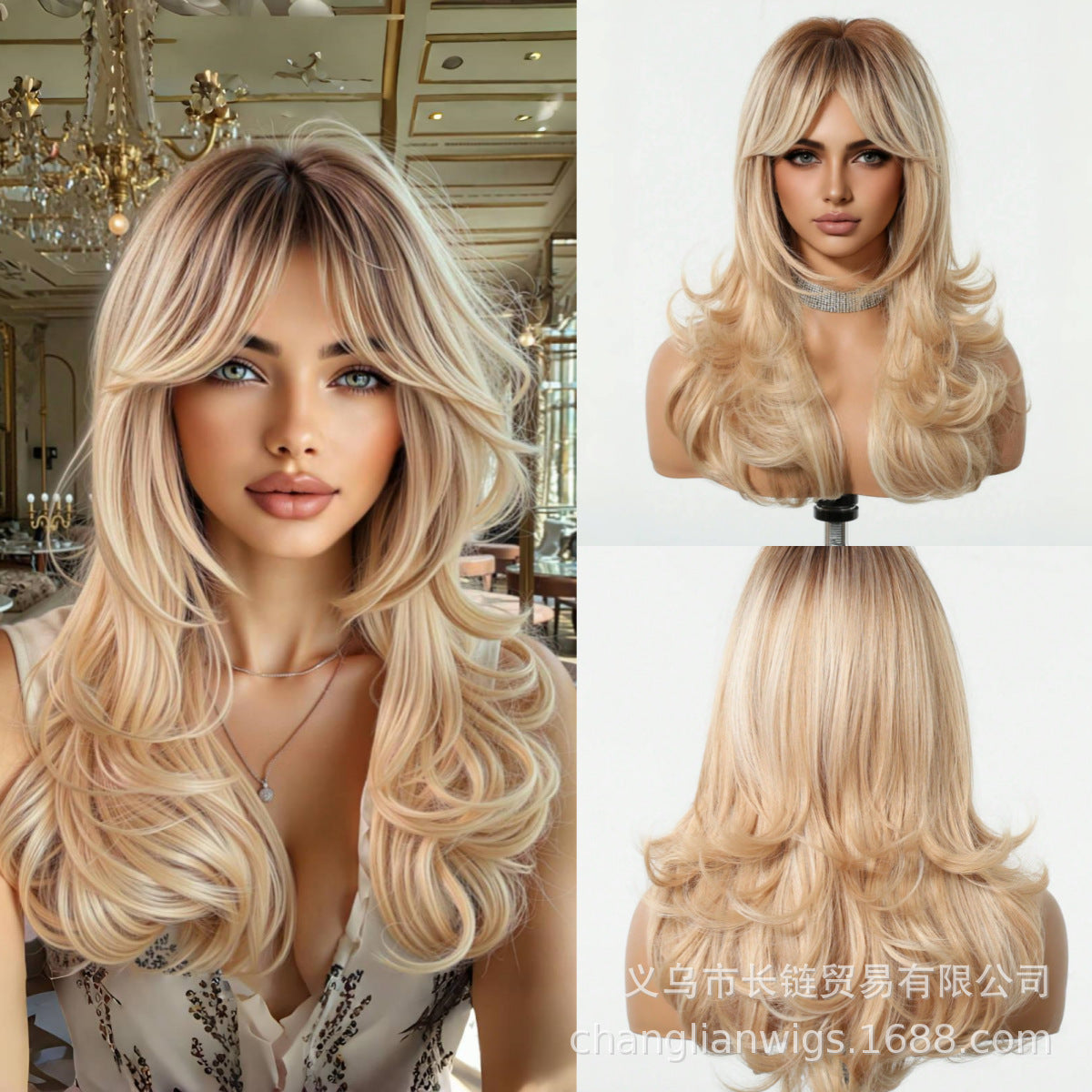 Honey Blonde Body Wave Wig with Bangs - Warm Golden Rooted Synthetic Hair 22 Inch - Synthetic Wig view 1