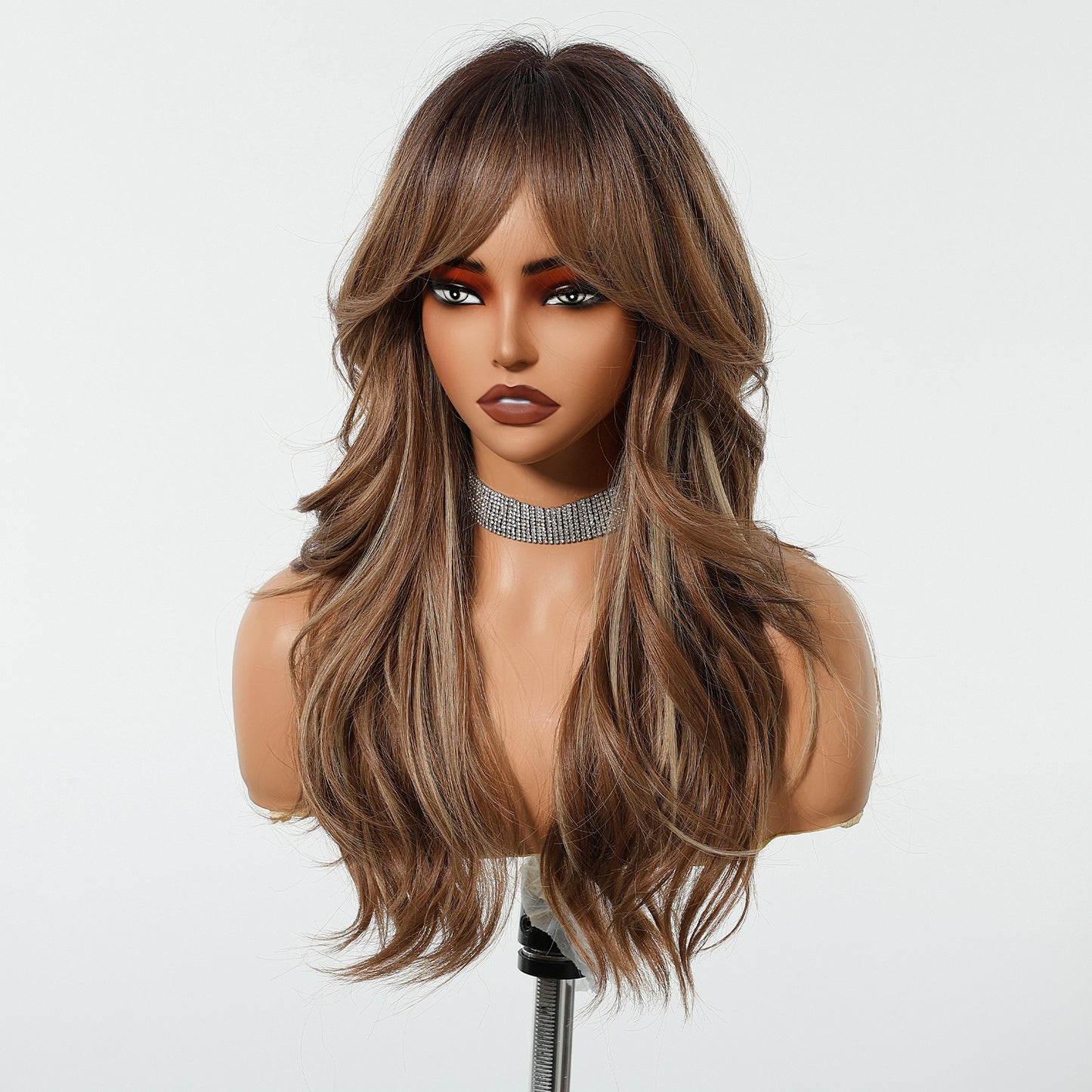 Warm Chestnut Brown Long Wavy Wig with Bangs - Layered Synthetic Hair - Synthetic Wig view 3