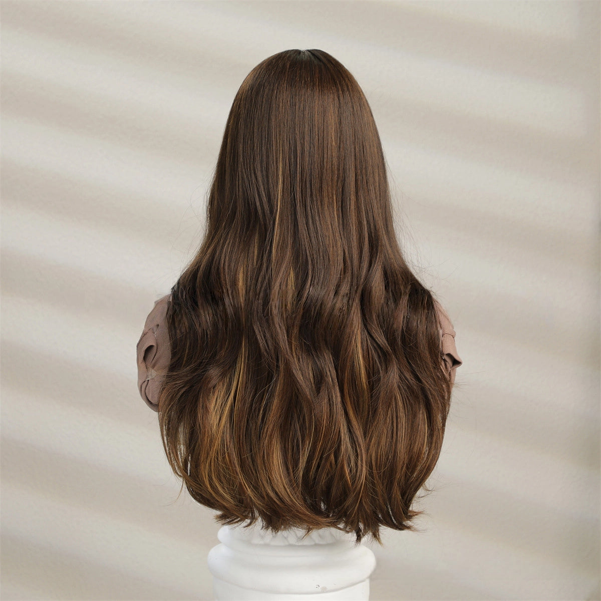 long medium brown wavy synthetic wig back view
