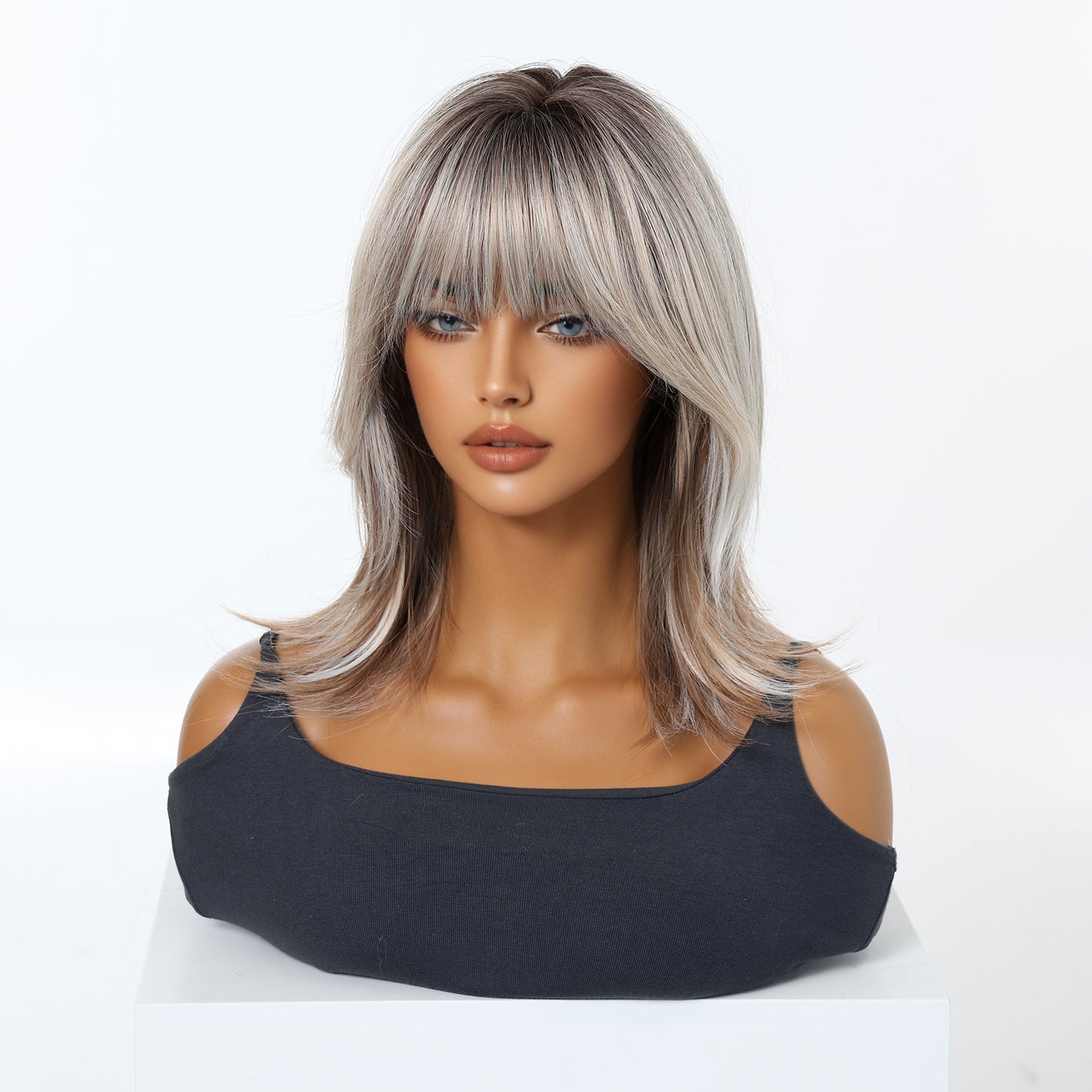 Ash Blonde Silver Rooted Short Bob Wig with Bangs - Cool Icy Synthetic Hair 16 Inch - Synthetic Wig view 3