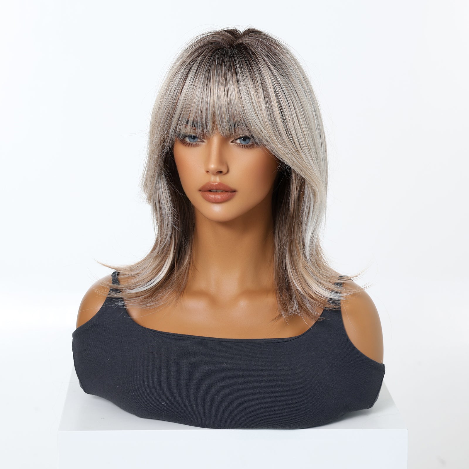 Ash Blonde Silver Rooted Short Bob Wig with Bangs - Cool Icy Synthetic Hair 16 Inch - Synthetic Wig view 3