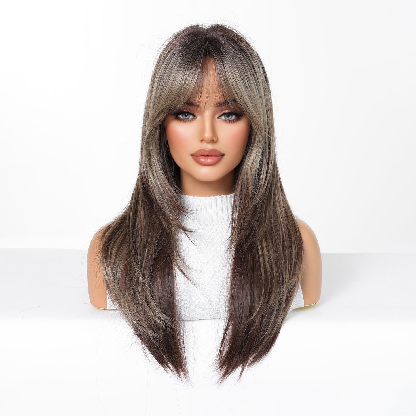 Brown Long Straight Wig with Blonde Highlights & Bangs - Warm Highlighted Synthetic Hair - Synthetic Wig view 2