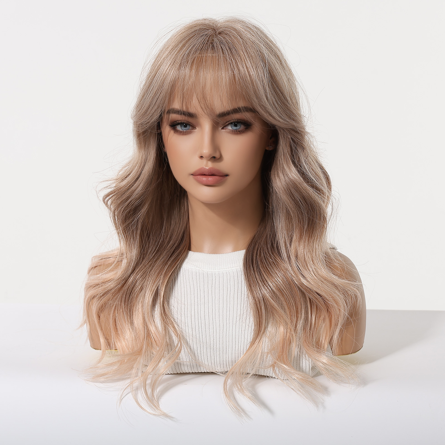 ash blonde body wave wig bangs honey golden synthetic hair back view