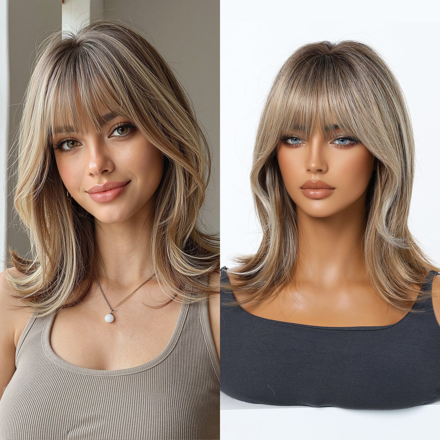 long bob brown to blonde balayage long bob with bangs synthetic wig front view