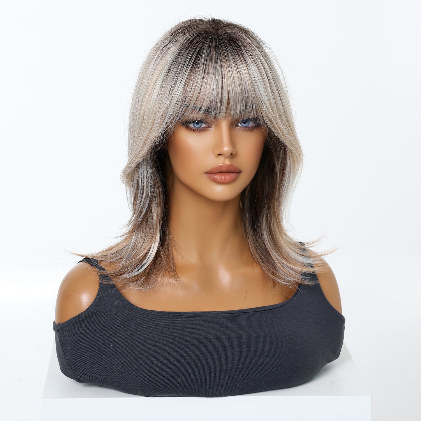 Ash Blonde Silver Rooted Short Bob Wig with Bangs - Cool Icy Synthetic Hair 16 Inch - Synthetic Wig view 4