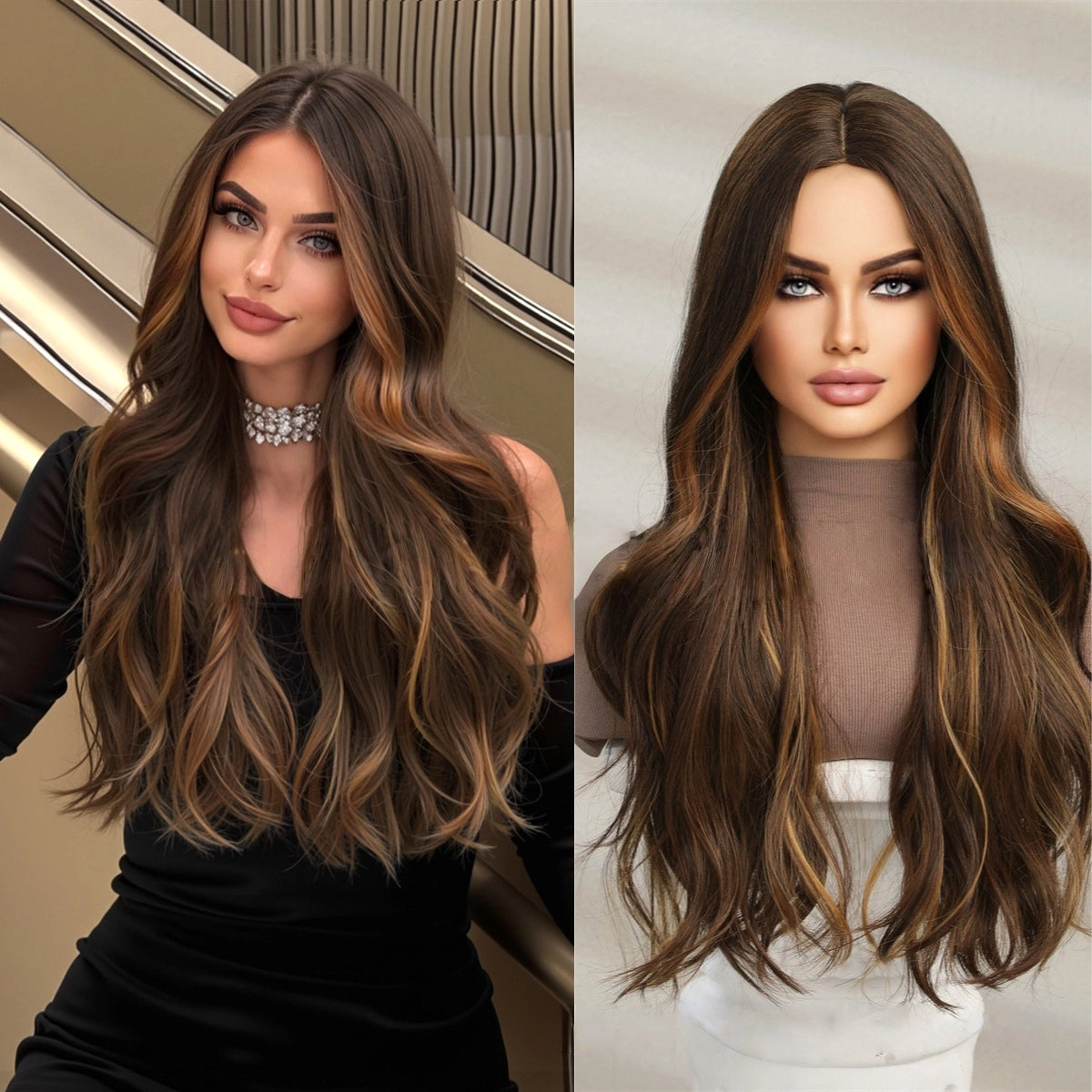 long medium brown wavy synthetic wig front view