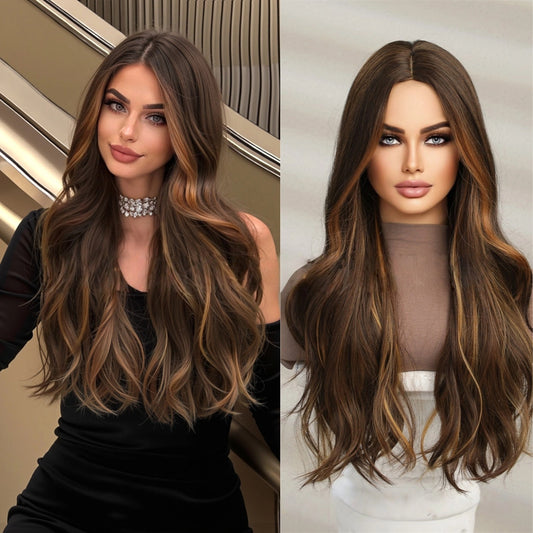 long medium brown wavy synthetic wig front view