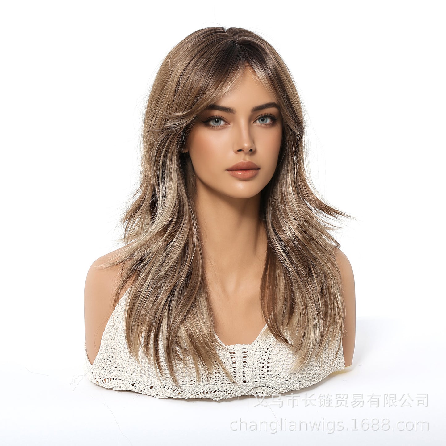 Classic Warm Brown Long Wavy Wig with Bangs - Natural Everyday Synthetic Hair - Synthetic Wig