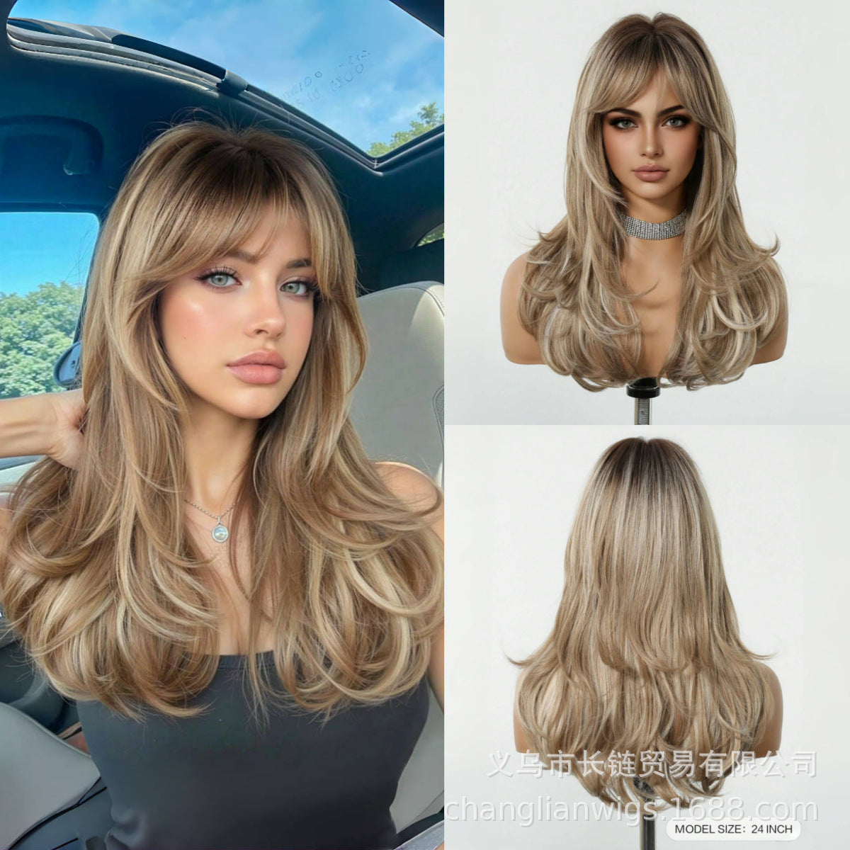 Honey Blonde Body Wave Wig with Bangs - Warm Golden Rooted Synthetic Hair 22 Inch - Synthetic Wig view 2