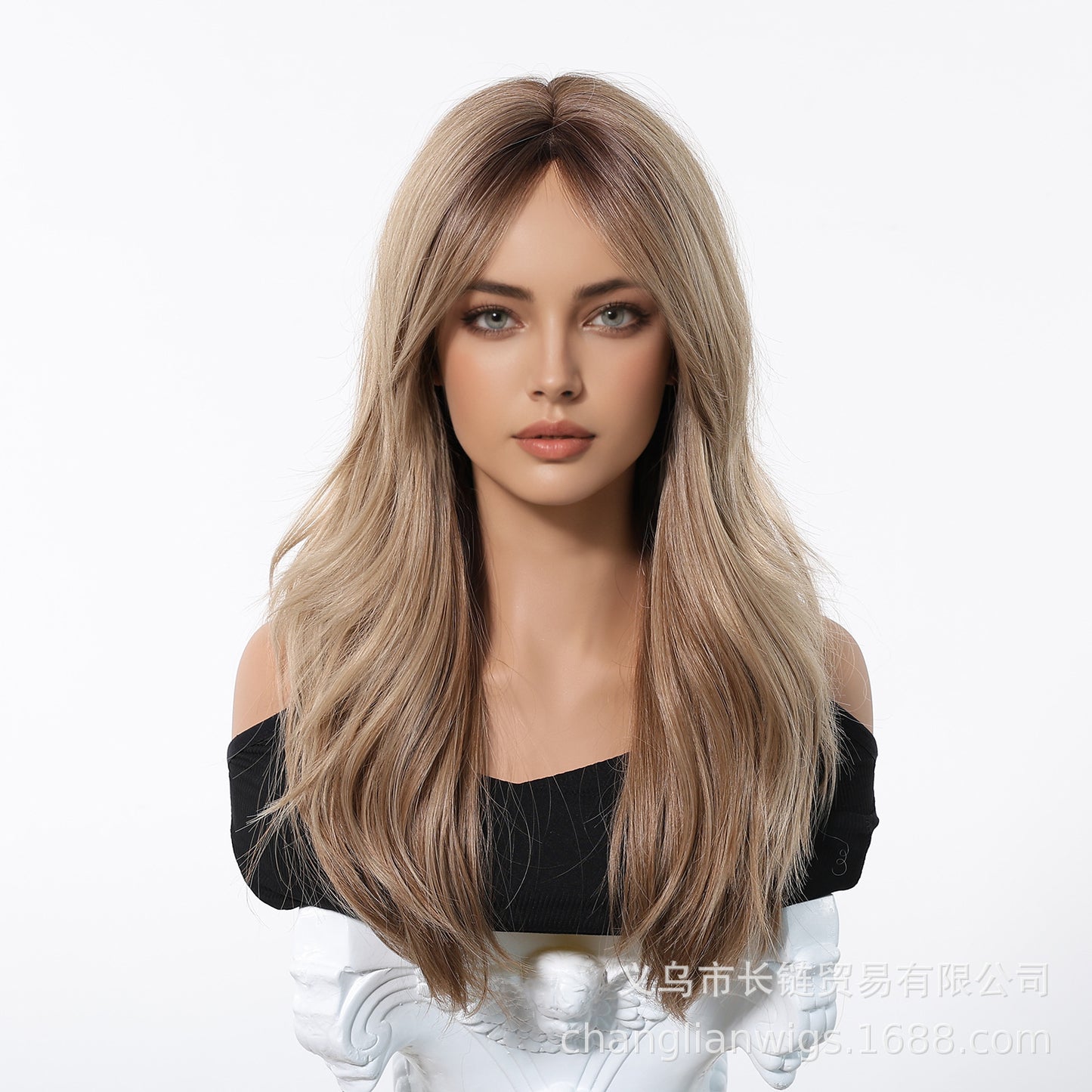 Honey Blonde Balayage Long Wavy Wig with Bangs - Golden Sun-Kissed Synthetic Hair - Synthetic Wig view 3